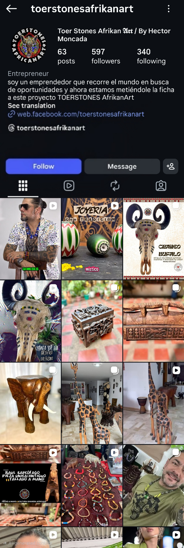 Toer Stones Afrikan Art Instagram profile
